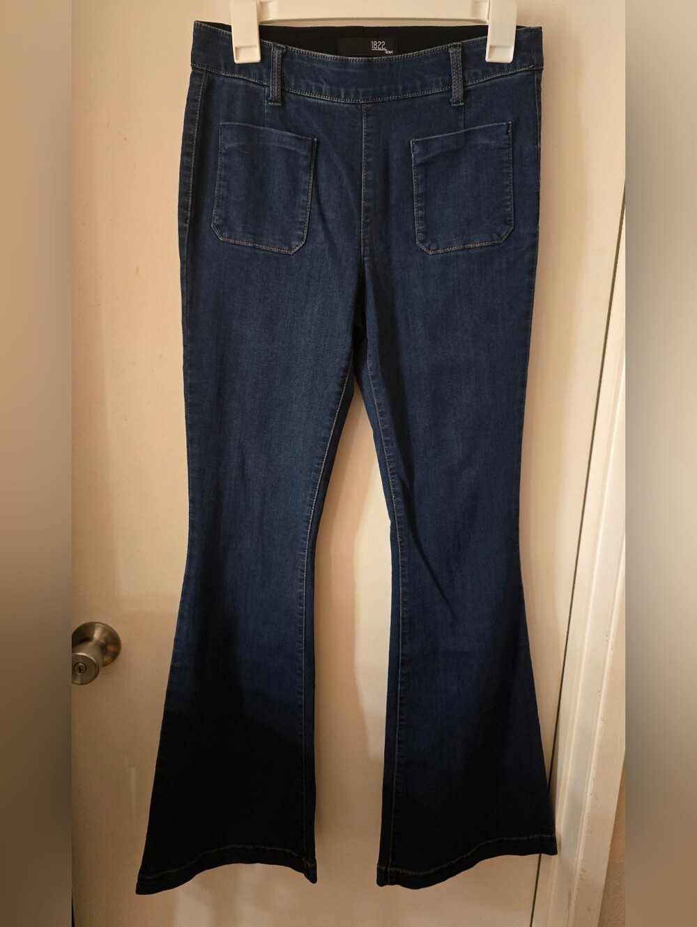 1822 Denim Dark Blue Flare Jeans with Front Patch Pockets